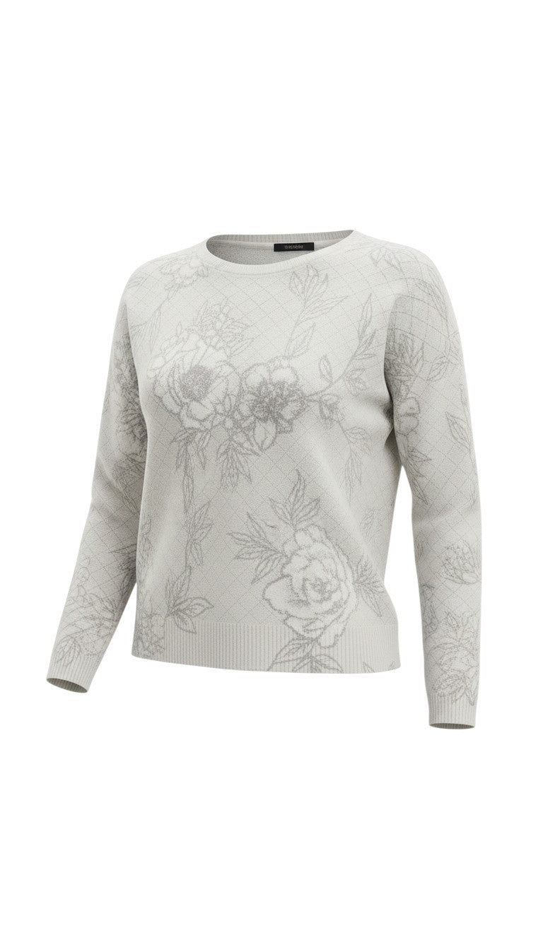 graced Susie sweater in light grey featuring a delicate diamond pointelle knit and elegant floral pattern