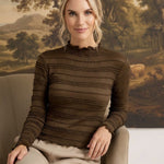 graced The Tatum Lettuce Edge Top in chocolate brown with textured horizontal ribbing and a high neckline.