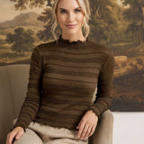 graced The Tatum Lettuce Edge Top in chocolate brown with textured horizontal ribbing and a high neckline.
