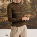 graced The Tatum chocolate brown long-sleeve top with textured fabric and delicate lettuce-edge neckline and cuffs.