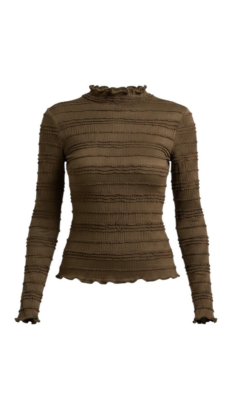 graced The Tatum long-sleeve top in chocolate brown with a textured ribbed finish and delicate lettuce-edge trim