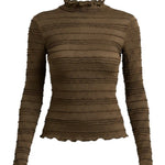 graced The Tatum long-sleeve top in chocolate brown with a textured ribbed finish and delicate lettuce-edge trim