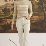 graced The Tatum Lettuce Edge Top in oatmeal featuring a textured mock neck and long sleeves with ruffled edges