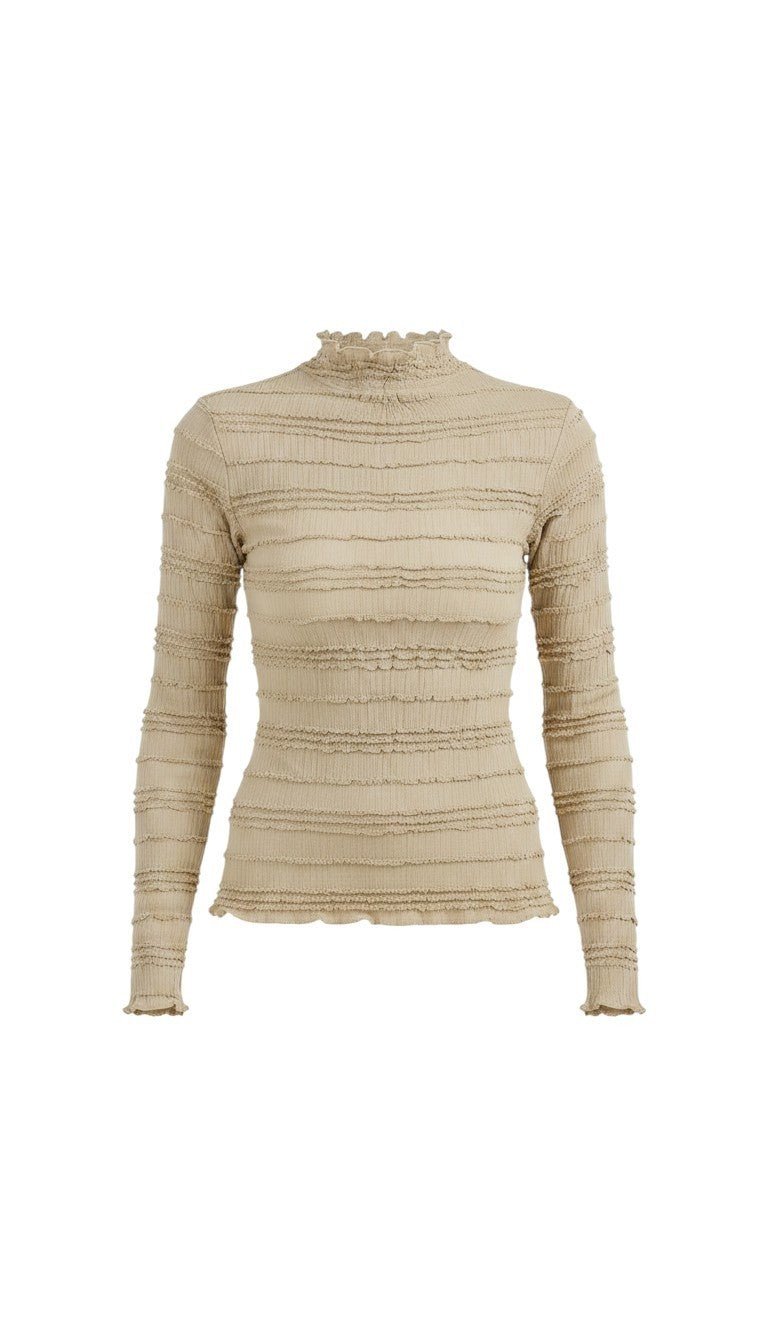 graced The Tatum oatmeal long sleeve top with lettuce edge detailing on the neckline, cuffs, and hem