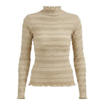 graced The Tatum oatmeal long sleeve top with lettuce edge detailing on the neckline, cuffs, and hem