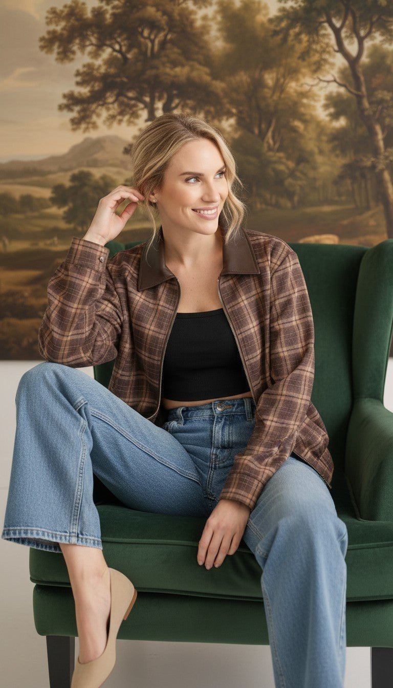 graced Tessa bomber jacket in brown plaid with leather collar, worn by a smiling woman in a green armchair