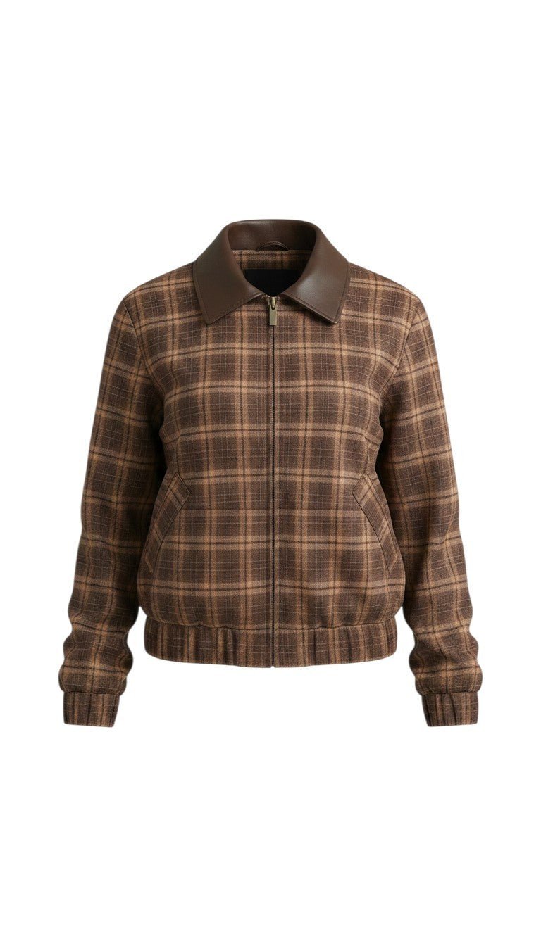 graced Tessa brown plaid bomber jacket with a structured leather collar and zip-up front closure