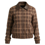 graced Tessa brown plaid bomber jacket with a structured leather collar and zip-up front closure
