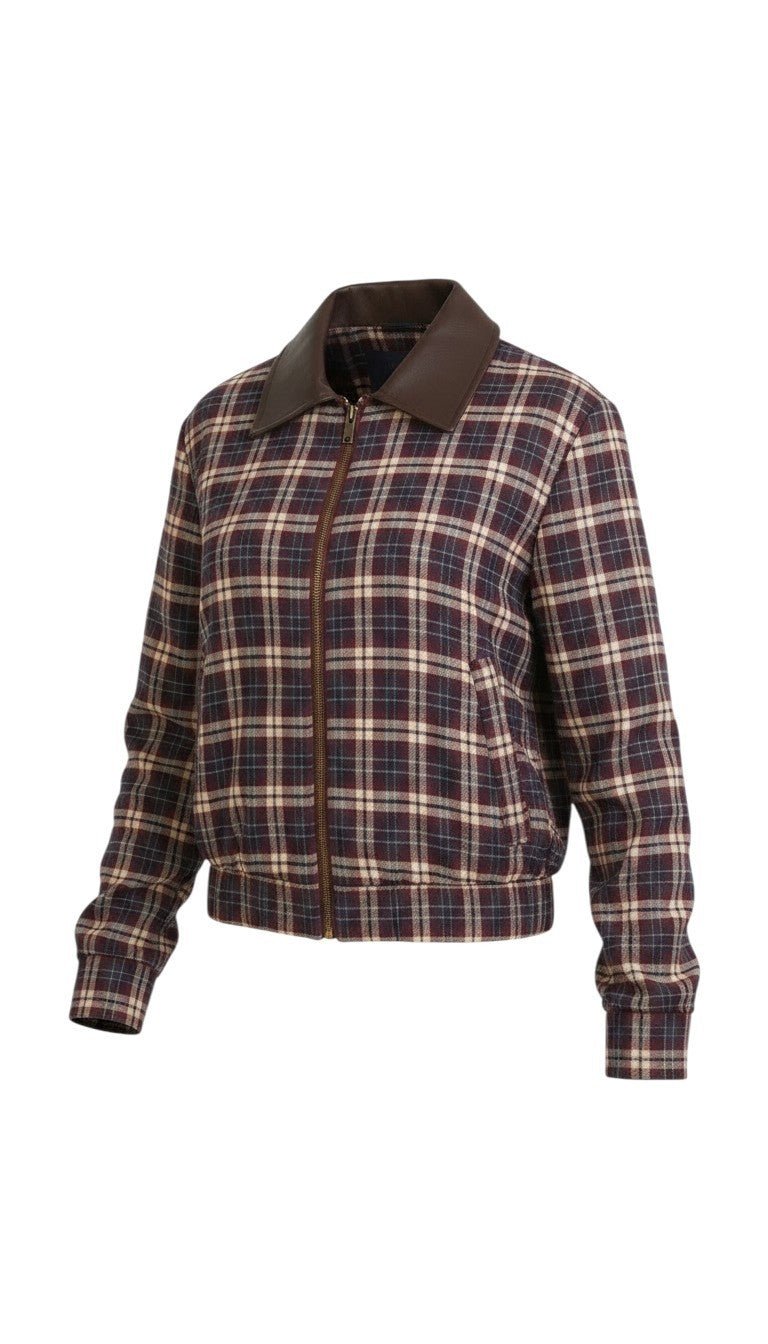 graced Tessa burgundy plaid bomber jacket with a brown leather collar and full front zip closure