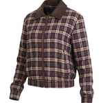 graced Tessa burgundy plaid bomber jacket with a brown leather collar and full front zip closure