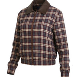 graced Tessa burgundy plaid bomber jacket with a brown leather collar and full front zip closure
