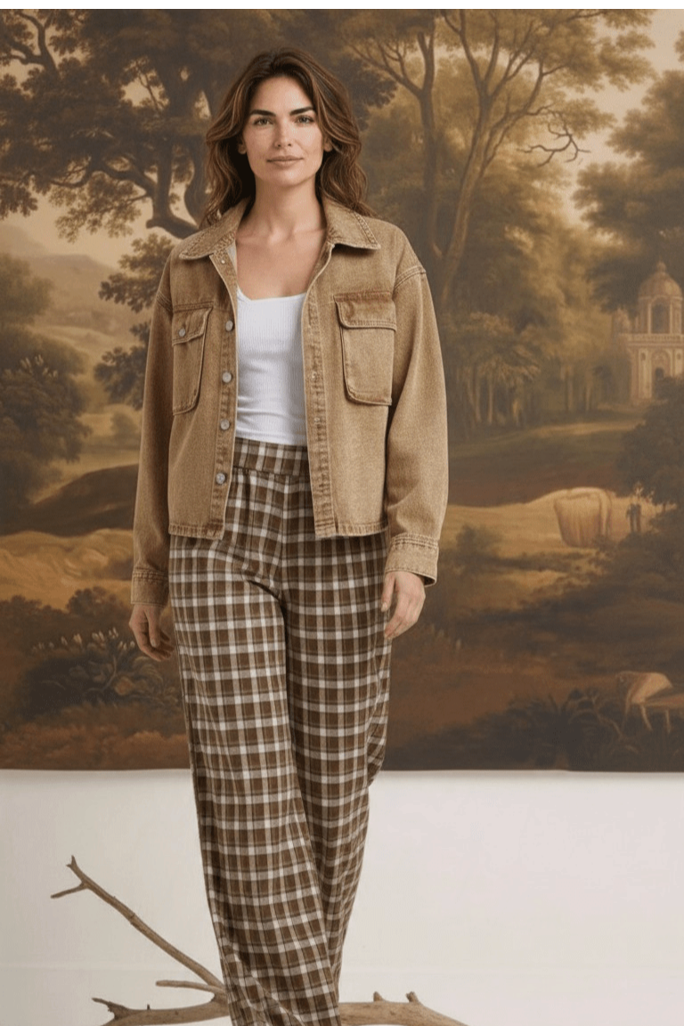 Model wearing graced Tina plaid checker pants in brown and white with a tan jacket and platform sandals