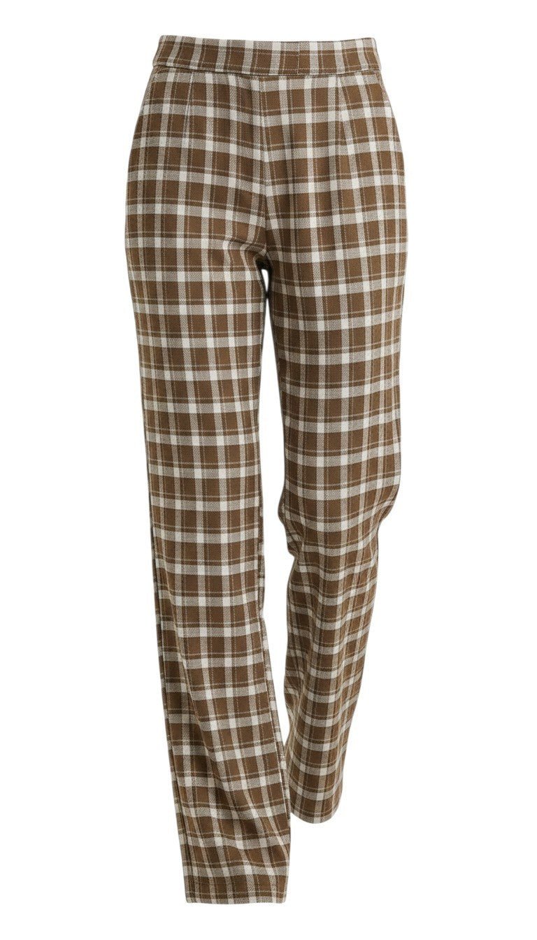 graced The Tina plaid checker pants in brown and white polyester blend with a comfortable high-waisted fit.