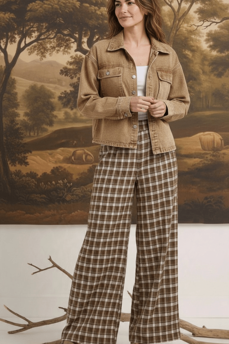 Model wearing graced Tina plaid checker pants in brown and white with a tan denim jacket and platform sandals