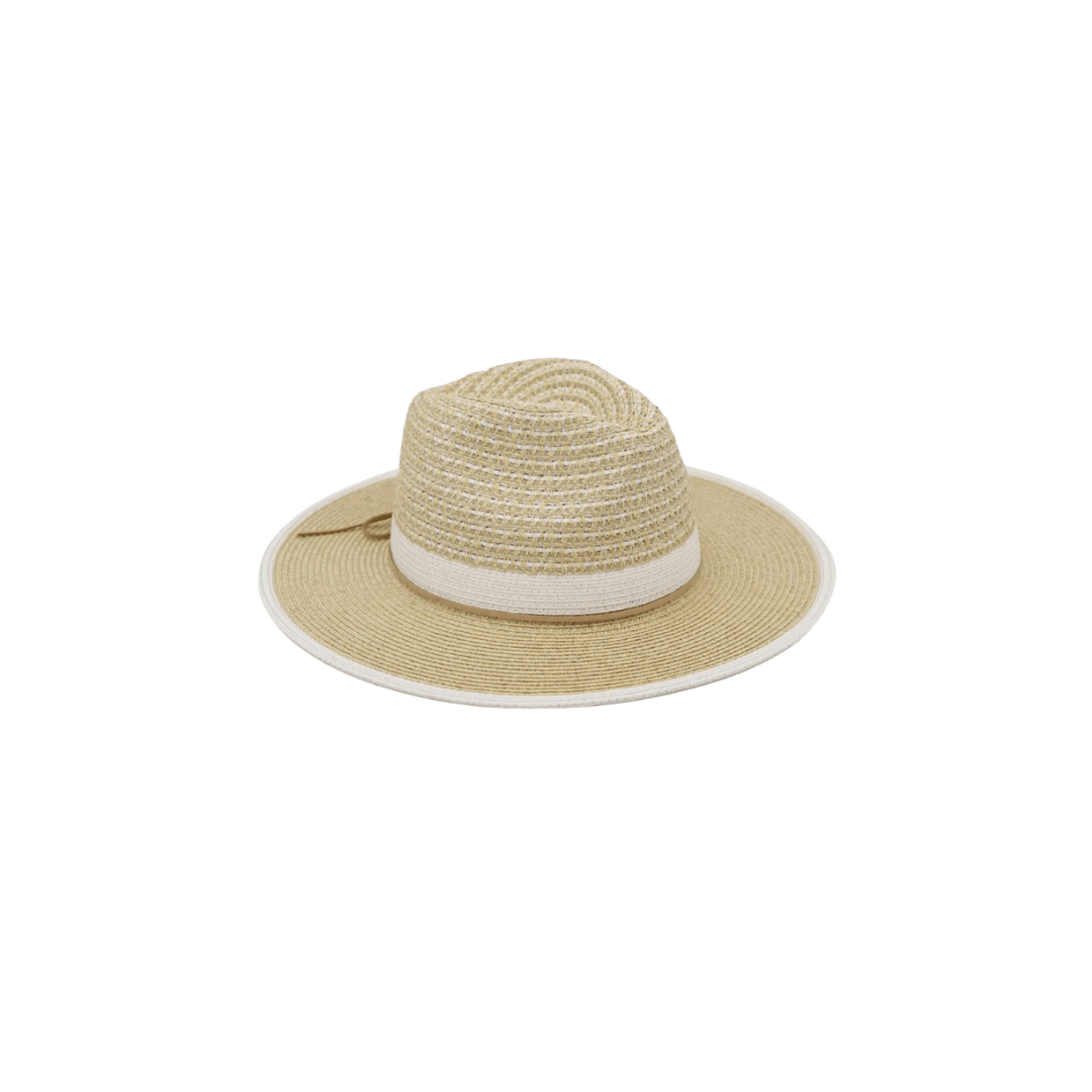 Beige straw hat with a white band on a white background