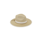Beige straw hat with a white band on a white background