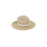 Beige straw hat with a white band on a white background