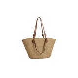 Tan woven straw market tote bag by Urban Daizy, stylish accessories bag with sturdy handles and spacious interior.
