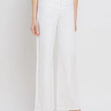 Vervet white high-rise wide-leg jeans displayed on a hanger, showcasing the relaxed fit and clean white denim fabric.