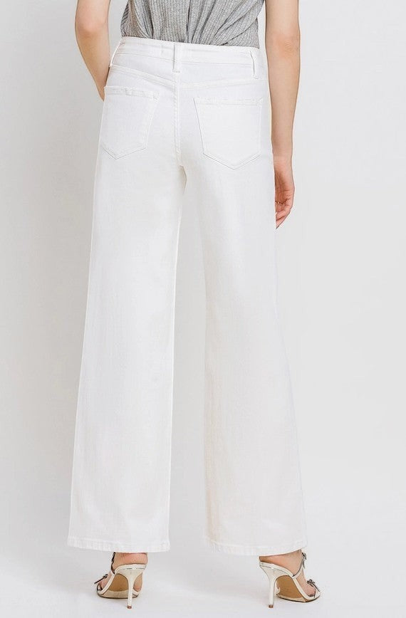 Vervet high-rise wide-leg white jeans, casual bottoms with a relaxed fit and clean design, displayed on a hanger.