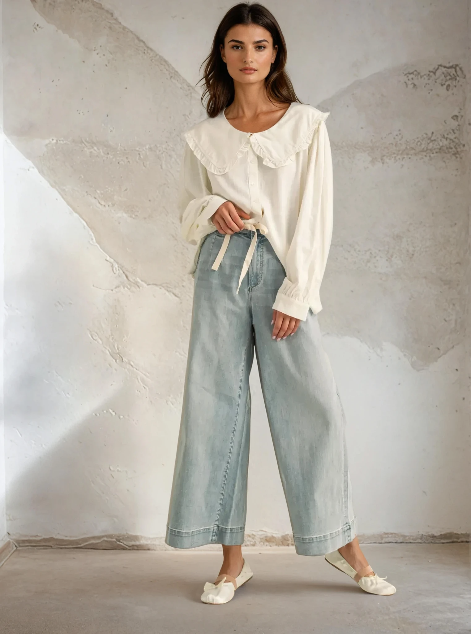 Washed Denim Tie Front Pants