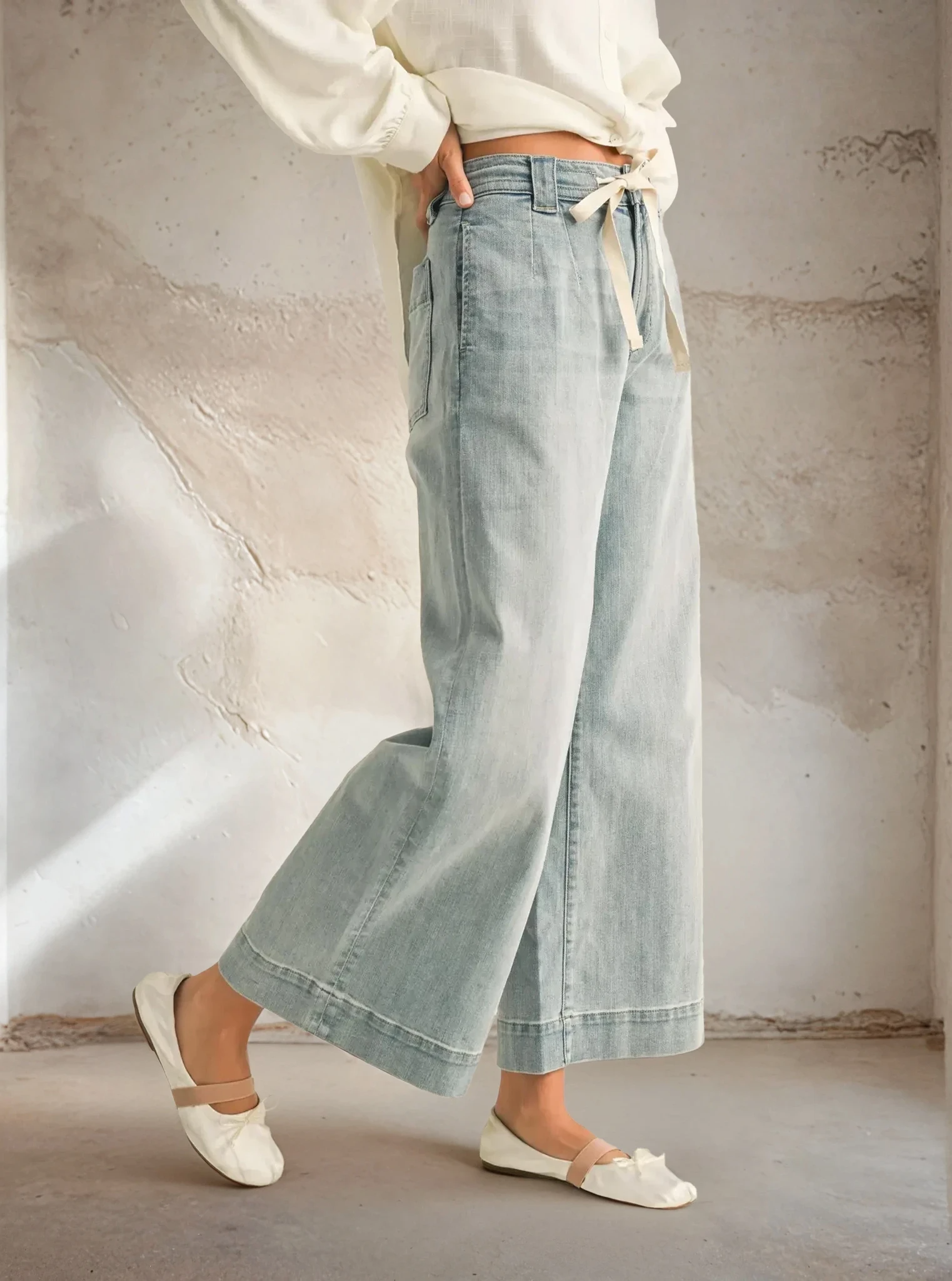Washed Denim Tie Front Pants