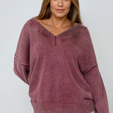 Washed V Neck Knit Top Burgundy