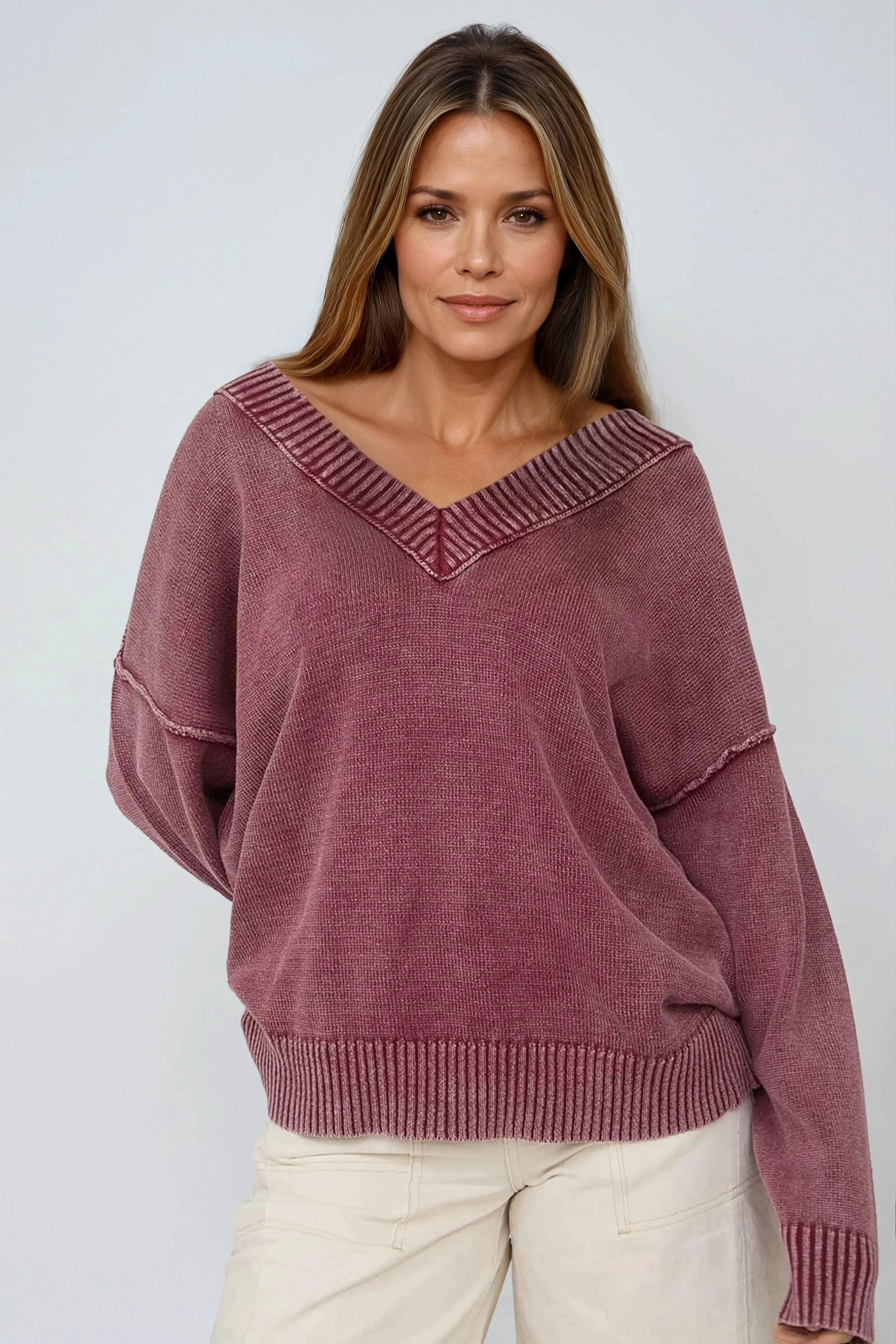Washed V Neck Knit Top Burgundy