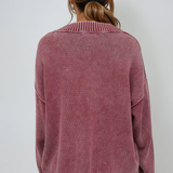 Washed V Neck Knit Top Burgundy
