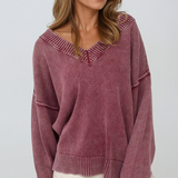 Washed V Neck Knit Top Burgundy