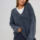 Washed V Neck Knit Top Navy