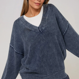 Washed V Neck Knit Top Navy