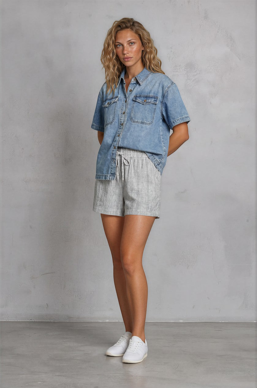 Blue cotton Clara Denim Shirt by Wishlist, short-sleeve casual top with classic denim styling and button-up front.