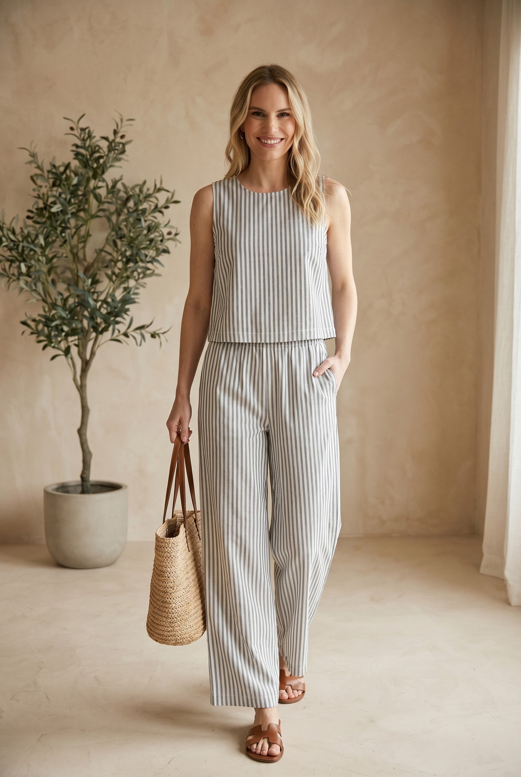 Z Supply The Scout striped summer top on a virtual model, showcasing a casual, lightweight basic with horizontal gray and white stripes.